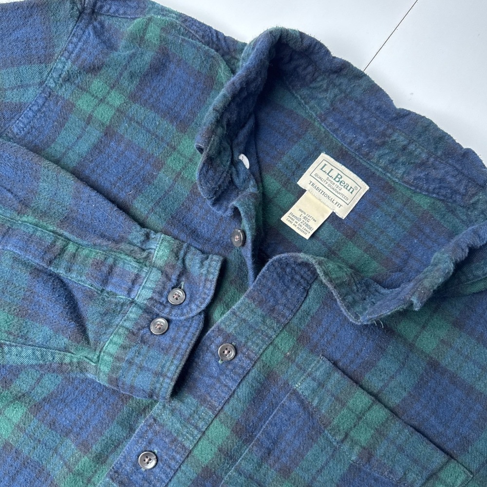 LL Bean Mens L Traditional Fit Flannel Shirt Black Watch Plaid Cotton 228061
